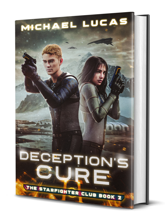 Deception's Cure cover: a man and woman in sci-fi suits before a bleak mountain background. Spaceships visible in the sky and on the ground.